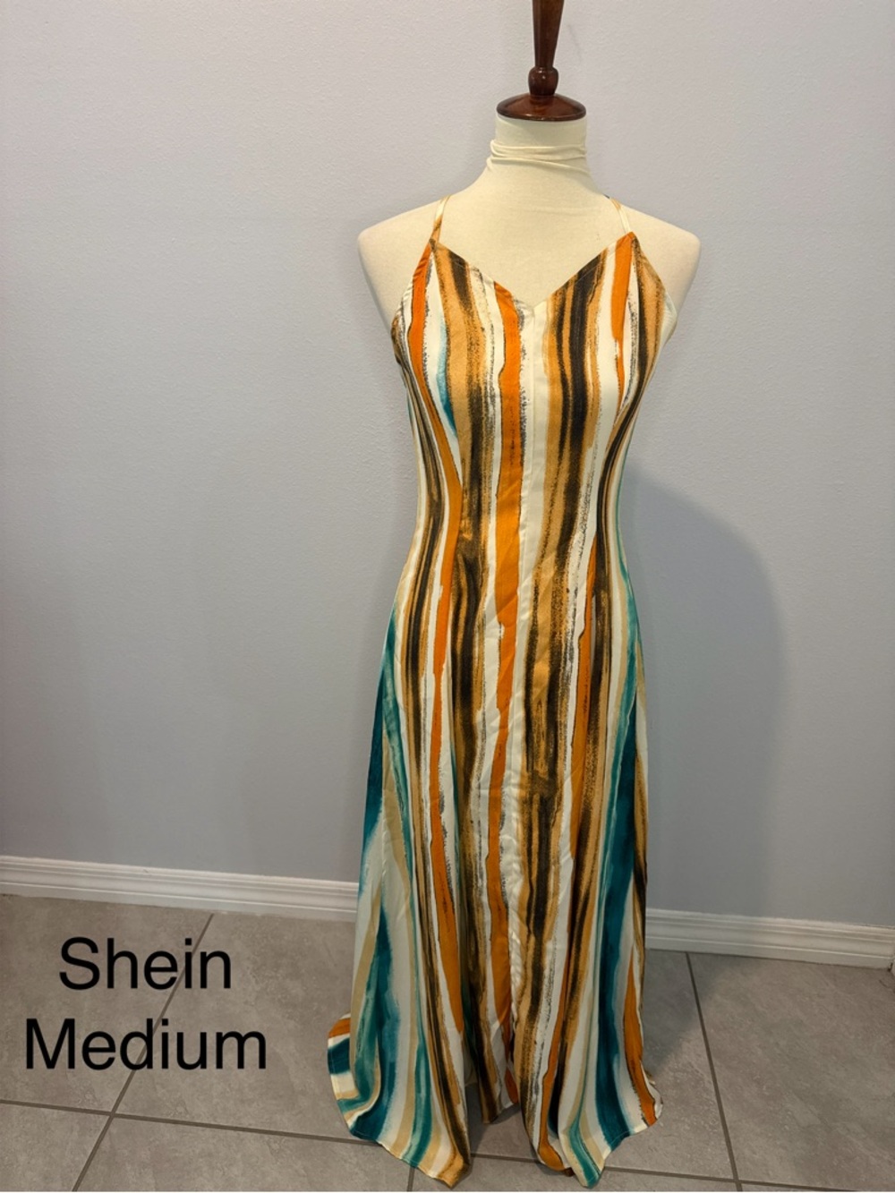 SHEIN Striped Halter Maxi Dress in Mustard, Teal & Cream